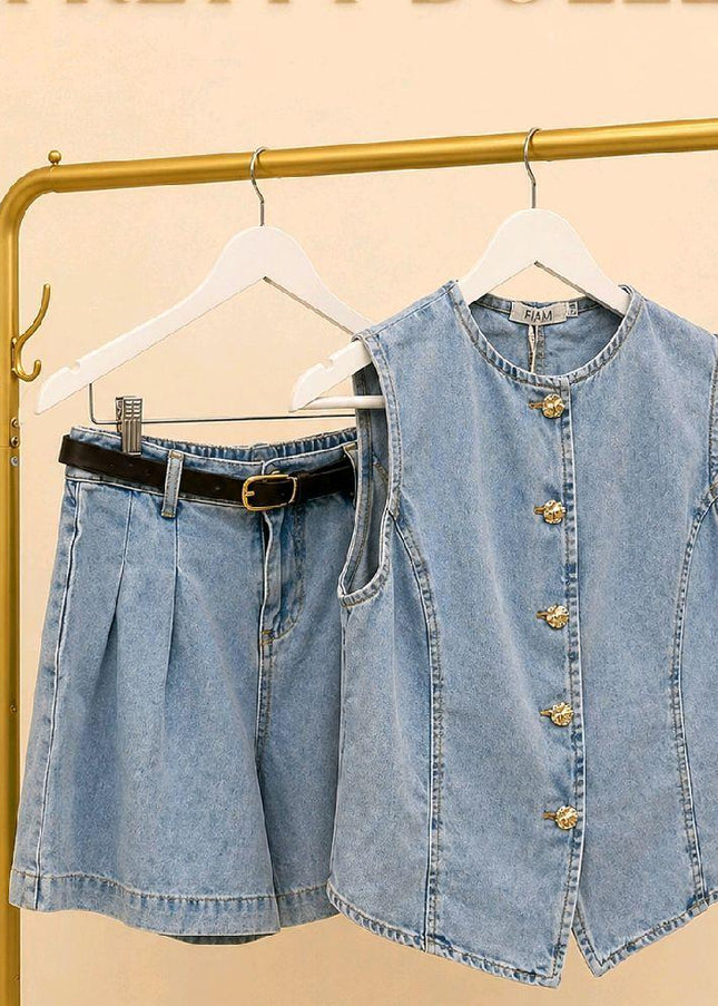 Teegan ~ Denim Blue Waistcoat & Tailored Belted Matching Denim Shorts