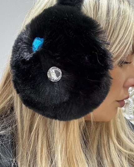 Bonnie ~ Luxury Faux Fur With Crystal Ear Muffs ~ Black
