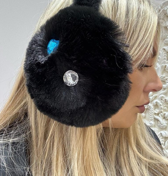 Bonnie ~ Luxury Faux Fur With Crystal Ear Muffs ~ Black