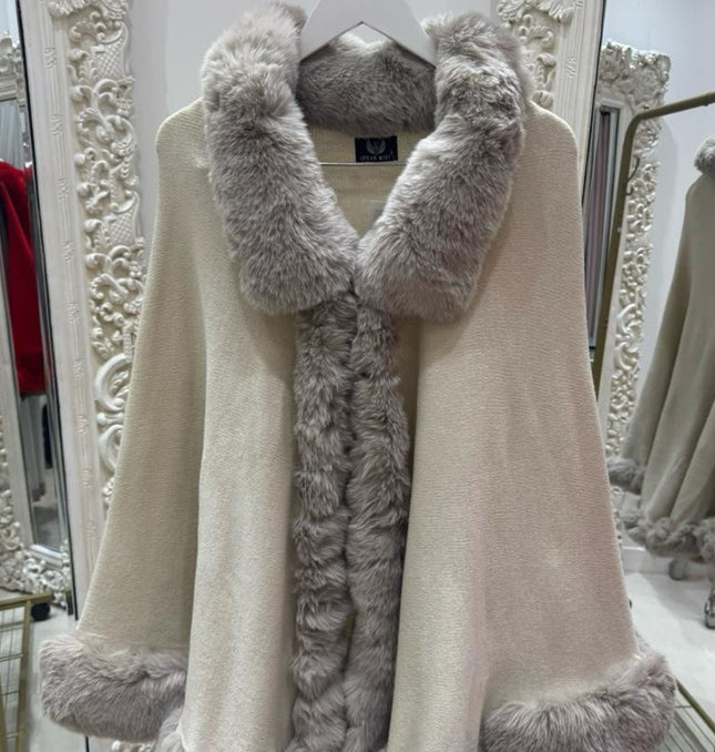 Holly Luxury Faux Fur Collared Cape ~ Cream