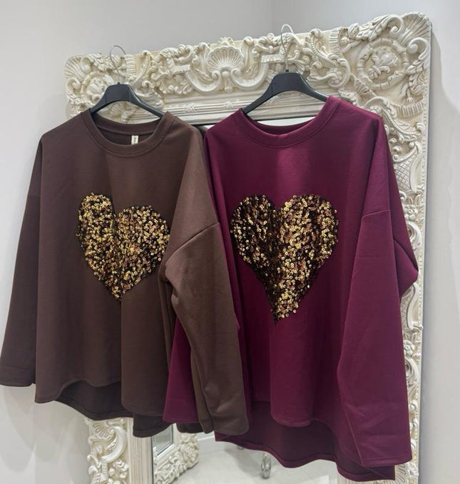 Edie ~ Soft Fabric Sweatshirt With Large Sequin Heart Detail