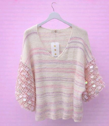 Sabrina ~ V Neck Ombre Jumper With Open Knit Embellished Sleeves
