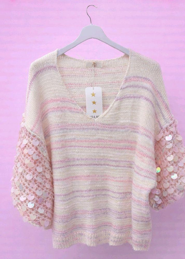 Sabrina ~ V Neck Ombre Jumper With Open Knit Embellished Sleeves