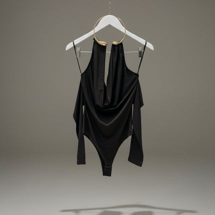 Cowl Halterneck Bodysuit With Gold Metal Neck Detail