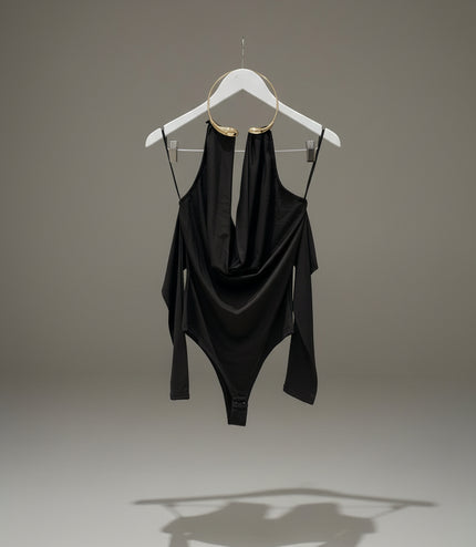 Cowl Halterneck Bodysuit With Gold Metal Neck Detail