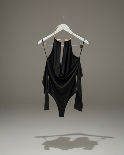 Dark Brown Cowl Halterneck Bodysuit With Gold Metal Neck Detail
