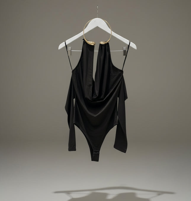 Dark Brown Cowl Halterneck Bodysuit With Gold Metal Neck Detail