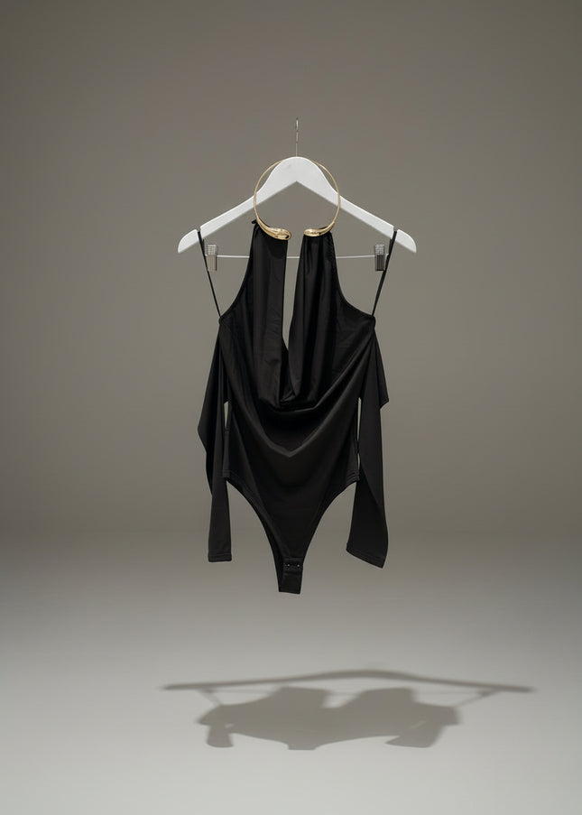 Cowl Halterneck Bodysuit With Gold Metal Neck Detail