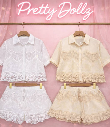 Gina ~ White or Cream Top & Shorts Set With Contrasting Lace Panels