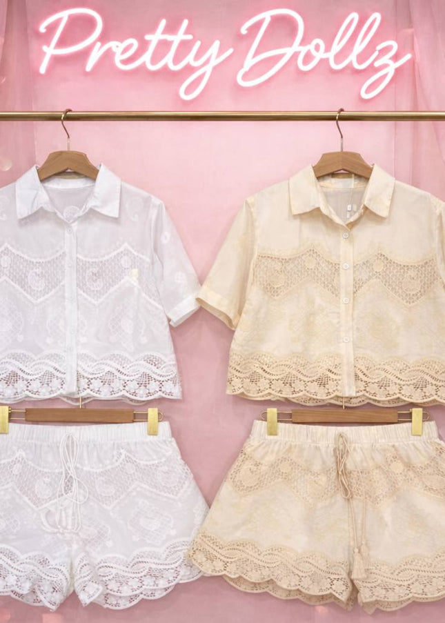 Gina ~ White or Cream Top & Shorts Set With Contrasting Lace Panels