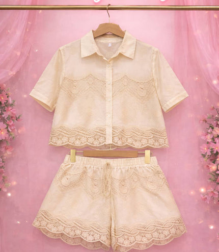 Gina ~ White or Cream Top & Shorts Set With Contrasting Lace Panels