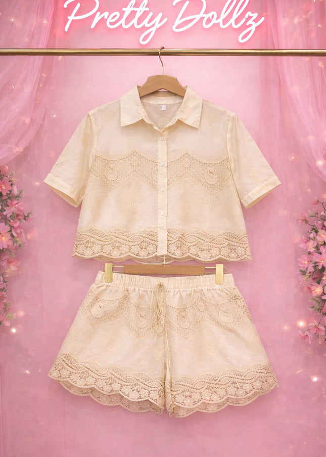 Gina ~ White or Cream Top & Shorts Set With Contrasting Lace Panels