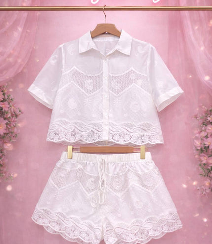 Gina ~ White or Cream Top & Shorts Set With Contrasting Lace Panels