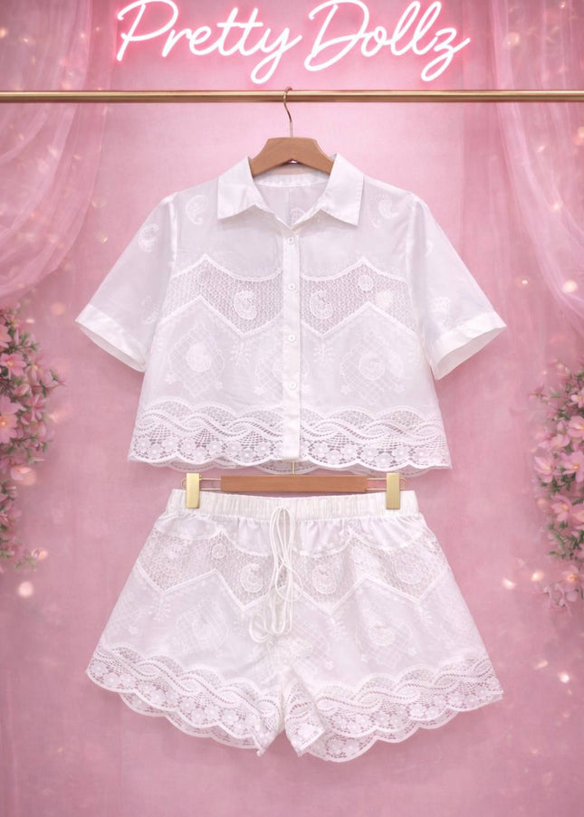 Gina ~ White or Cream Top & Shorts Set With Contrasting Lace Panels