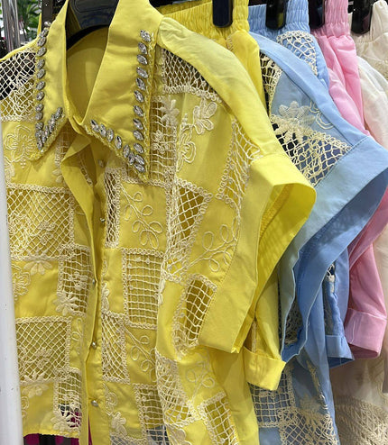 Morgan ~ Contrasting Lace Panel Top & Shorts Co-Ord Set Lemon