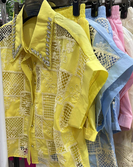 Morgan ~ Contrasting Lace Panel Top & Shorts Co-Ord Set Lemon