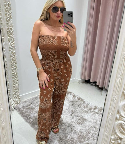 Brown Cheesecloth Bandeau Jumpsuit