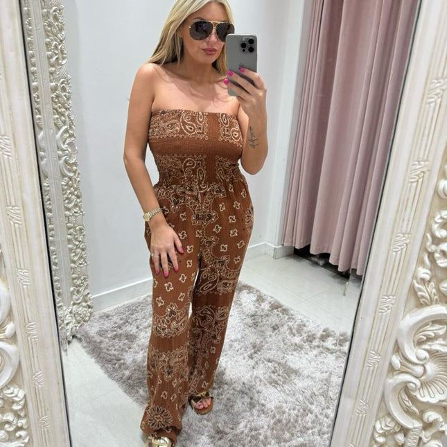 Millie Bandana Print Cheesecloth Bandeau Jumpsuit ~ Brown