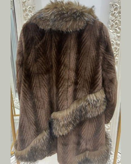 Brown Chevron Faux Fur Coat With Silver Faux Fur Trim ~ Luxury