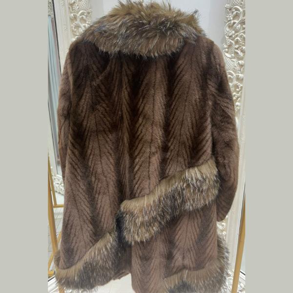 Brown Chevron Faux Fur Coat With Silver Faux Fur Trim ~ Luxury