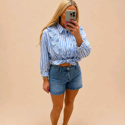 Blue Or Pink White Striped Shirt With Ruffle Trim