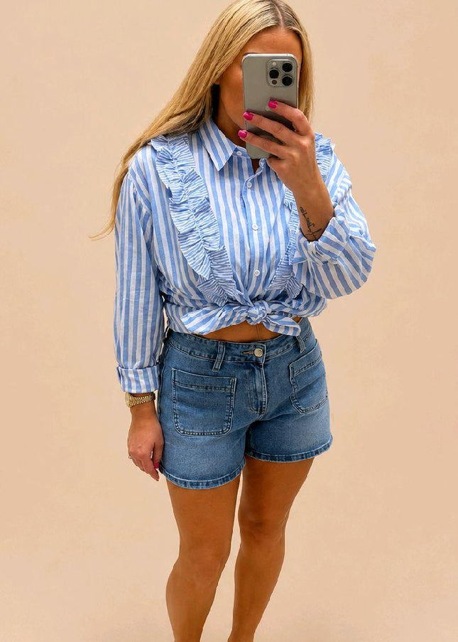Blue Or Pink White Striped Shirt With Ruffle Trim