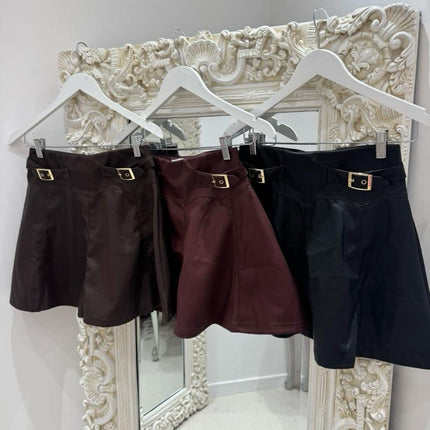 Charlotte ~  Faux Leather Skirt With Gold Buckles