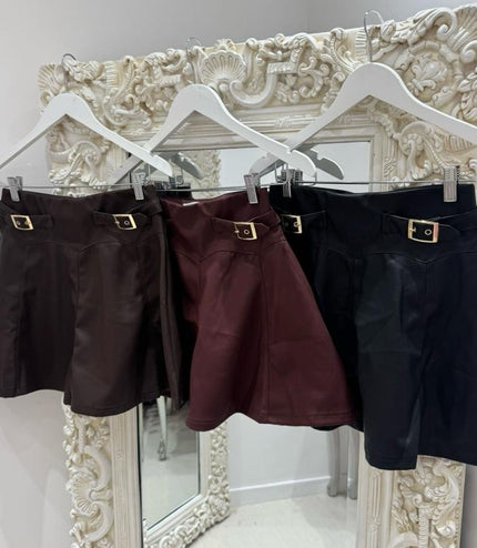 Charlotte ~  Faux Leather Skirt With Gold Buckles