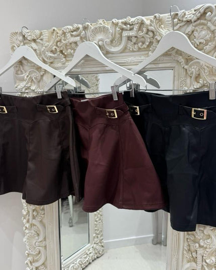 Charlotte ~  Faux Leather Skirt With Gold Buckle Detail