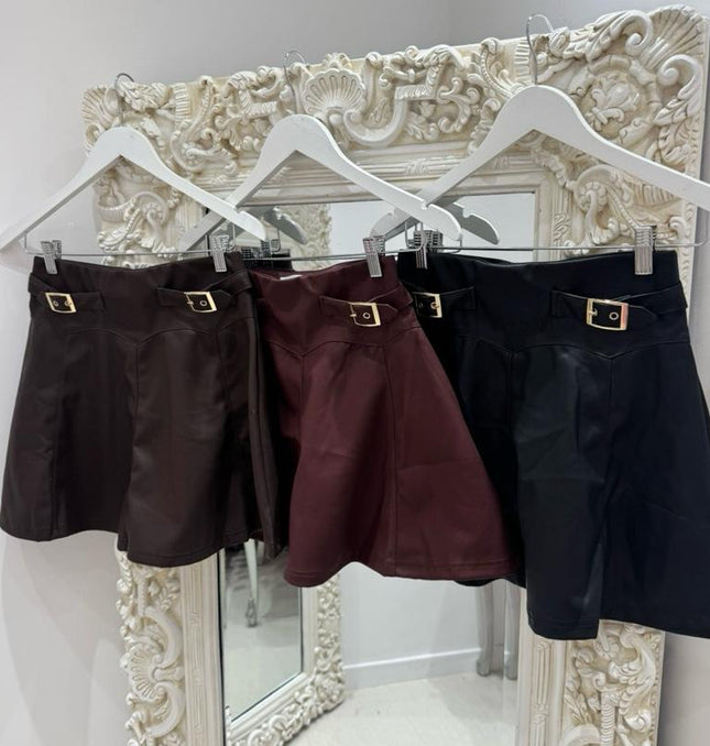 Charlotte ~  Faux Leather Skirt With Gold Buckle Detail