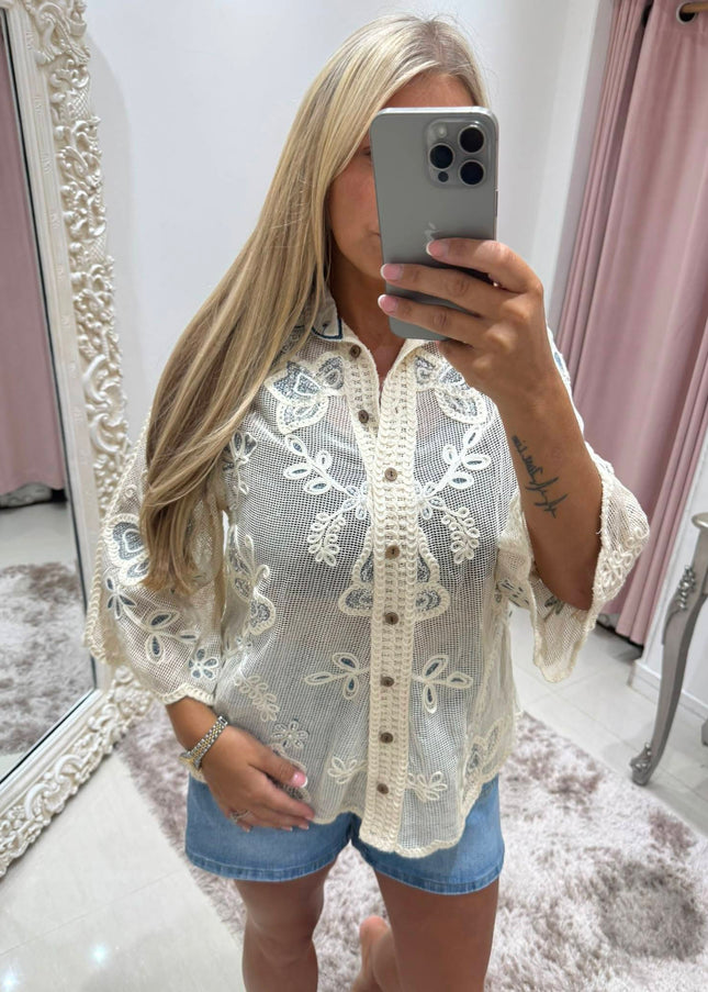 Cream Lace Blouse With Embroidered Detail