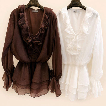 Brown Or White Chiffon Lace Up Front Peplum Top