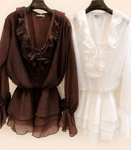 Brown Or White Chiffon Lace Up Front Peplum Top