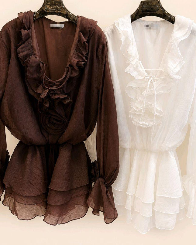 Brown Or White Chiffon Lace Up Front Peplum Top