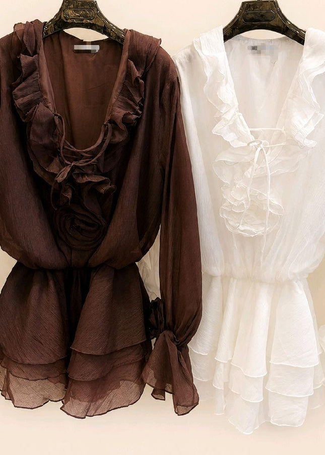Brown Or White Chiffon Lace Up Front Peplum Top