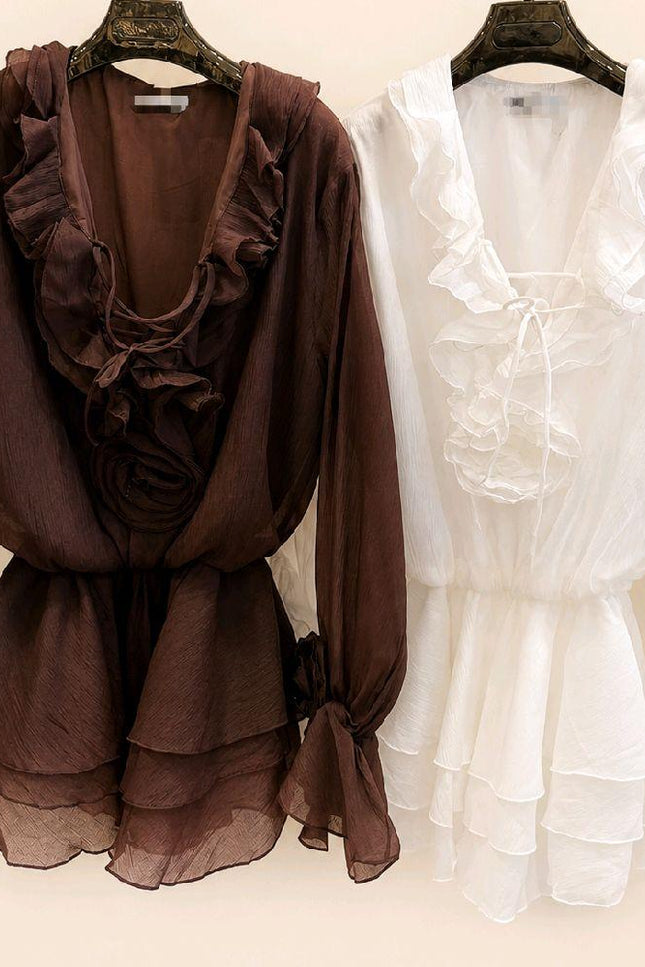 Gemma ~ Dark Brown Or White Chiffon Lace Up Front Peplum Top