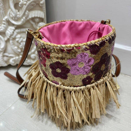 Pink & Gold Sequin Round Bucket/Cross Body Bag With Raffia Fringe