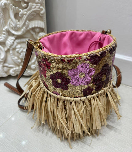 Pink & Gold Sequin Round Bucket/Cross Body Bag With Raffia Fringe