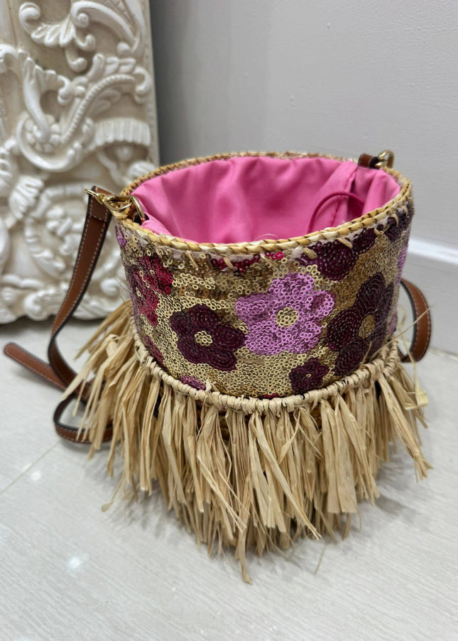 Pink & Gold Sequin Round Bucket/Cross Body Bag With Raffia Fringe