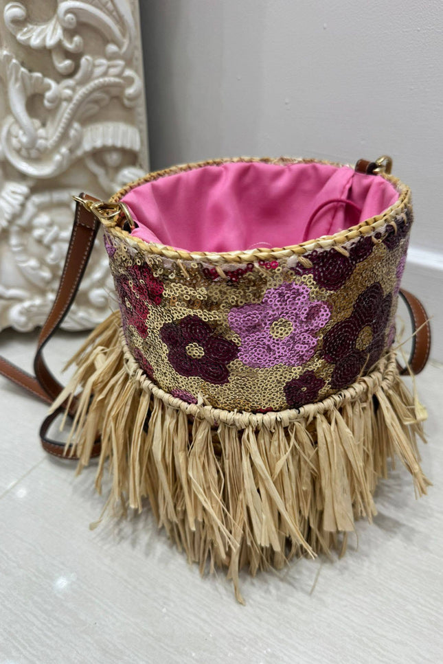 Pink & Gold Sequin Round Bucket/Cross Body Bag With Raffia Fringe