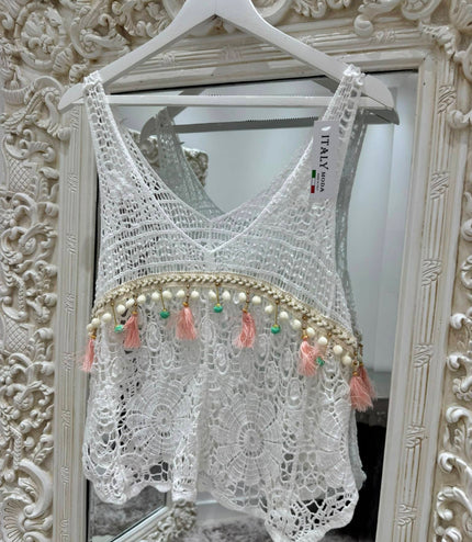 Crochet Lace V Neck Swing Vest Top With Pastel Embellishments