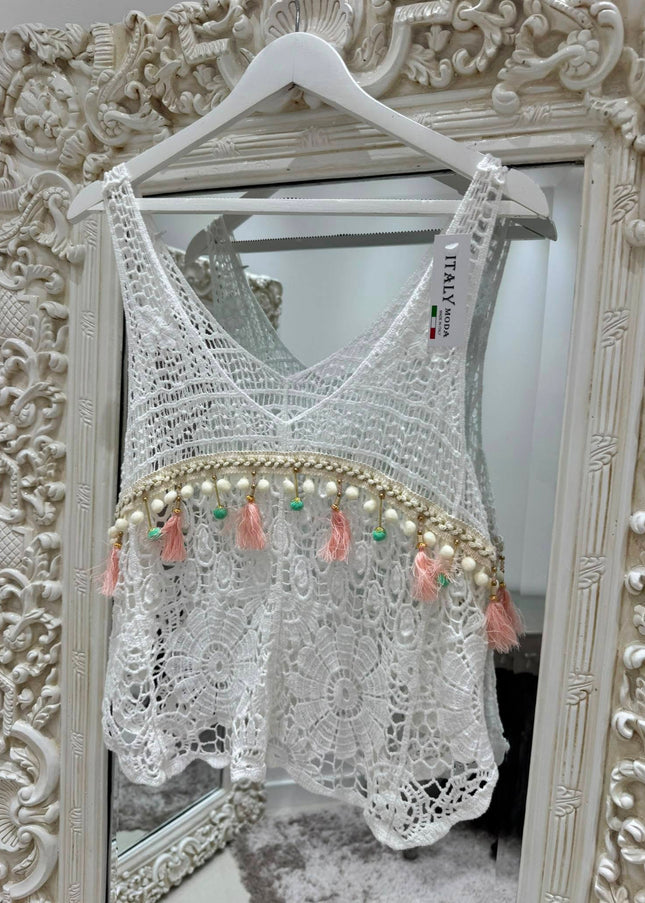 Crochet Lace V Neck Swing Vest Top With Pastel Embellishments