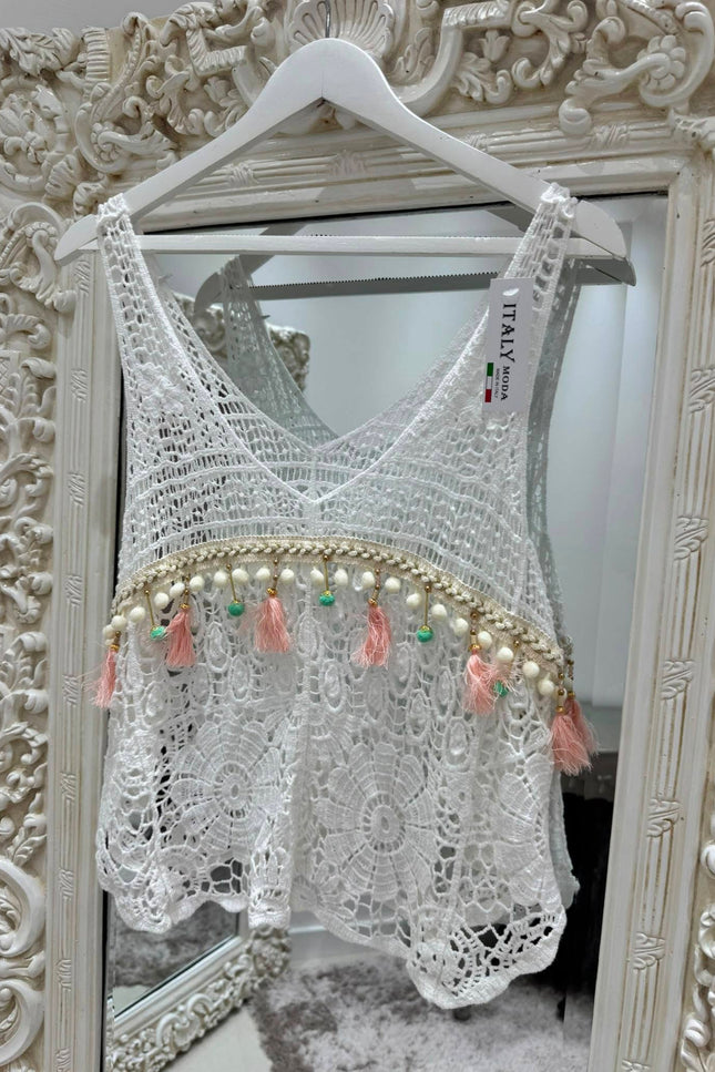 Crochet Lace V Neck Swing Vest Top With Pastel Embellishments