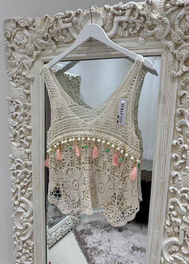 Crochet Lace V Neck Swing Vest Top With Pastel Embellishments