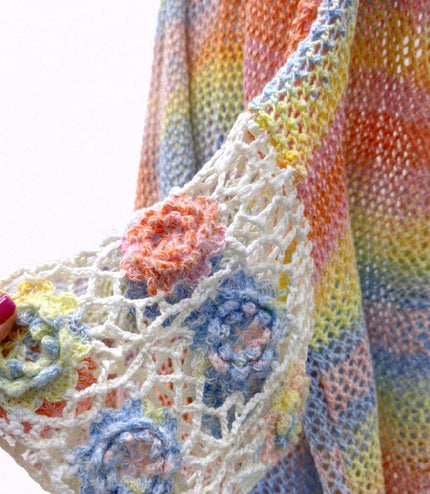 Carla  Pink  Ombre Open Knitted Cardigan With Crochet Flowers on Sleeves