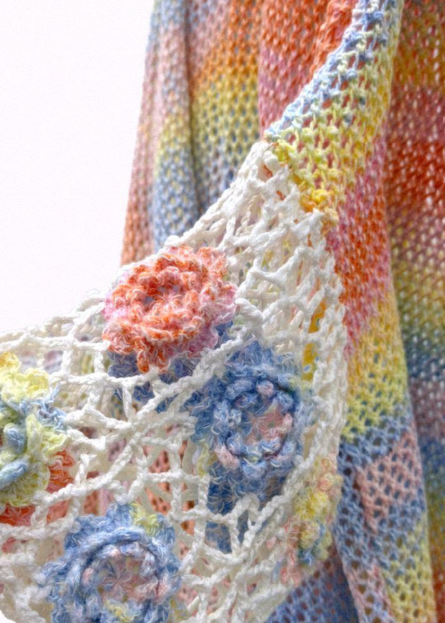 Ombre Open Knitted Cardigan With Crochet Flowers