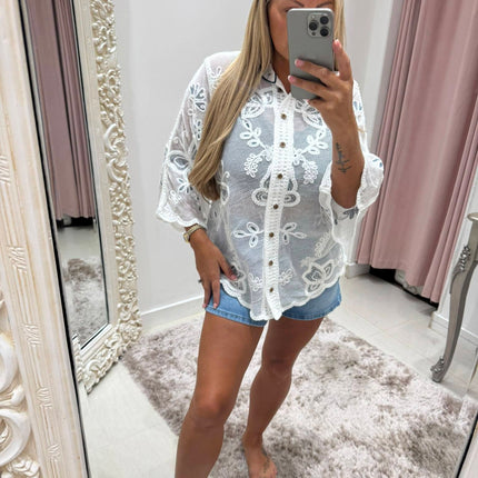 White Lace Blouse With Embroidered Detail