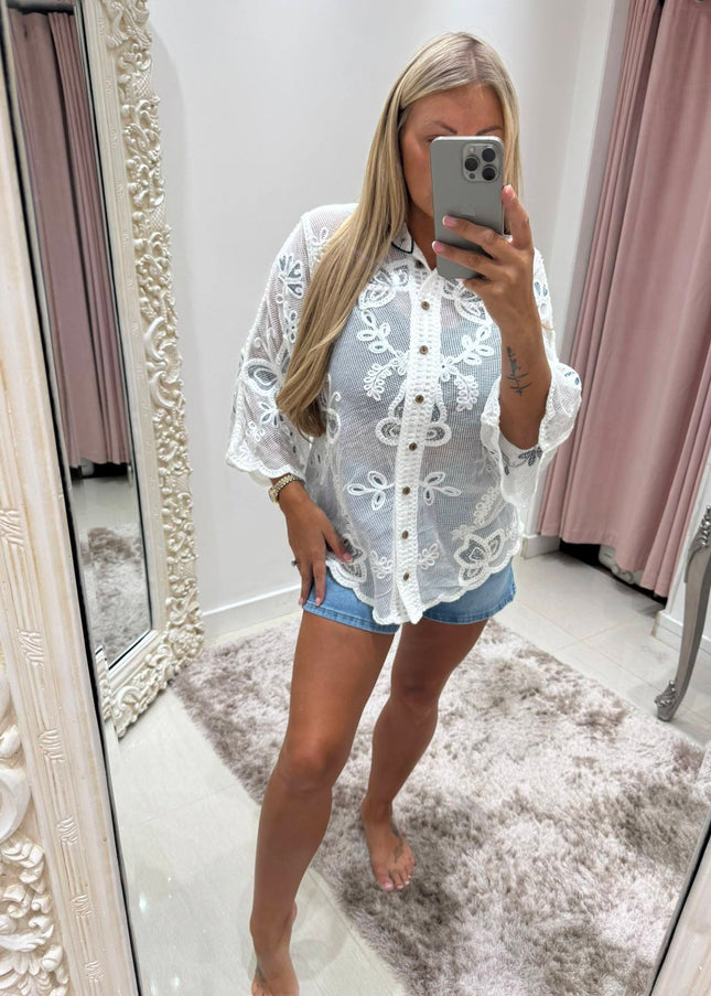 White Lace Blouse With Embroidered Detail