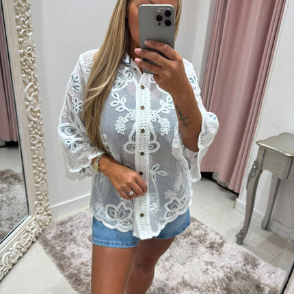 White Lace Blouse With Embroidered Detail