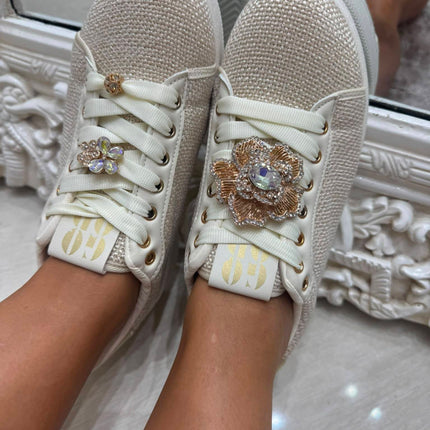 Macy ~ Crystal Embellished Trainers ~ Cream
